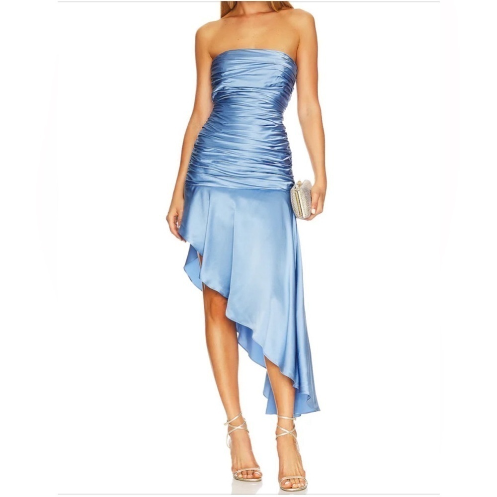 NWT. Cinq à Sept Eliza Silk Ruched Cocktail Dress in Blue Size 14